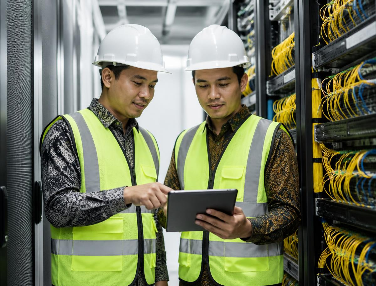MBCakrawala engineers reviewing network documentation in a fiber facility