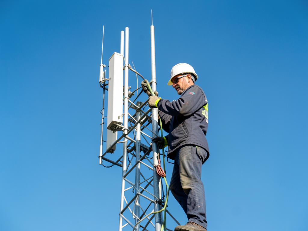 Field engineer working on a cellular antenna tower