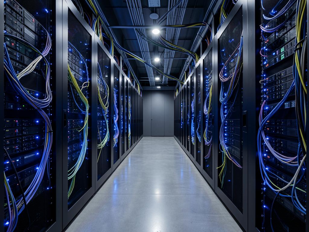 Data center aisle with illuminated server racks